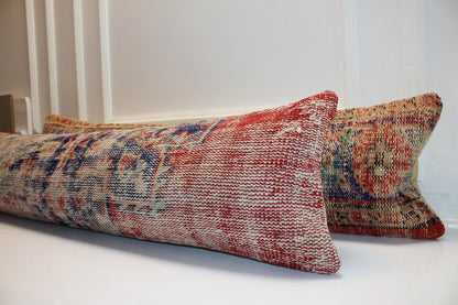 Set of 2 Vintage Turkish Kilim Lumbar Pillow Covers – Boho Rug Cushions, 12x48 Inch