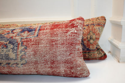 Set of 2 Vintage Turkish Kilim Lumbar Pillow Covers – Boho Rug Cushions, 12x48 Inch