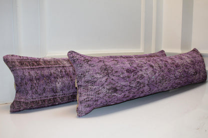 Set of 2 Purple Turkish Kilim Pillow Covers, Boho Lumbar Cushion 12x48