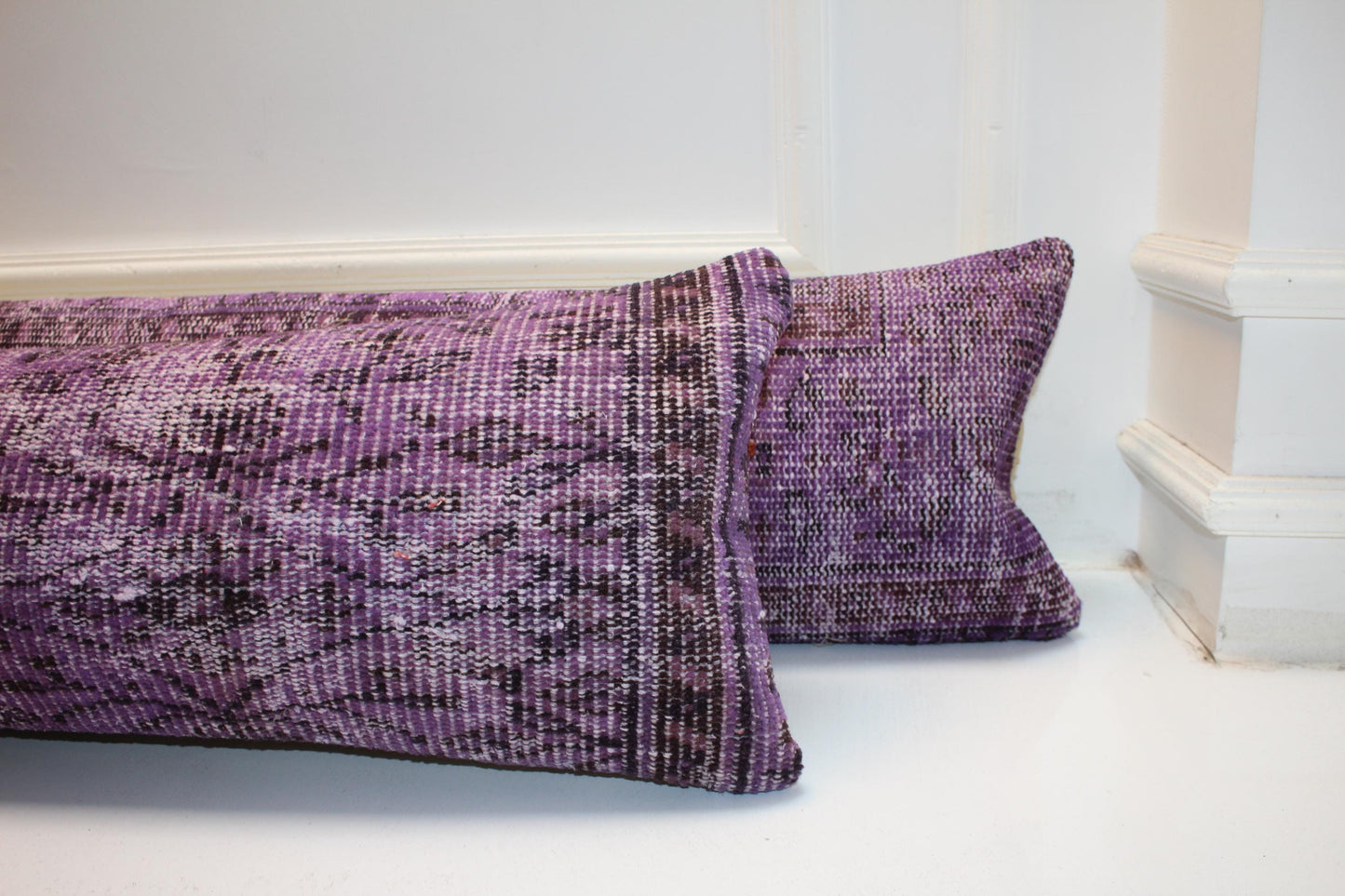 Set of 2 Purple Turkish Kilim Pillow Covers, Boho Lumbar Cushion 12x48