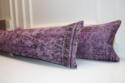Set of 2 Purple Turkish Kilim Pillow Covers, Boho Lumbar Cushion 12x48
