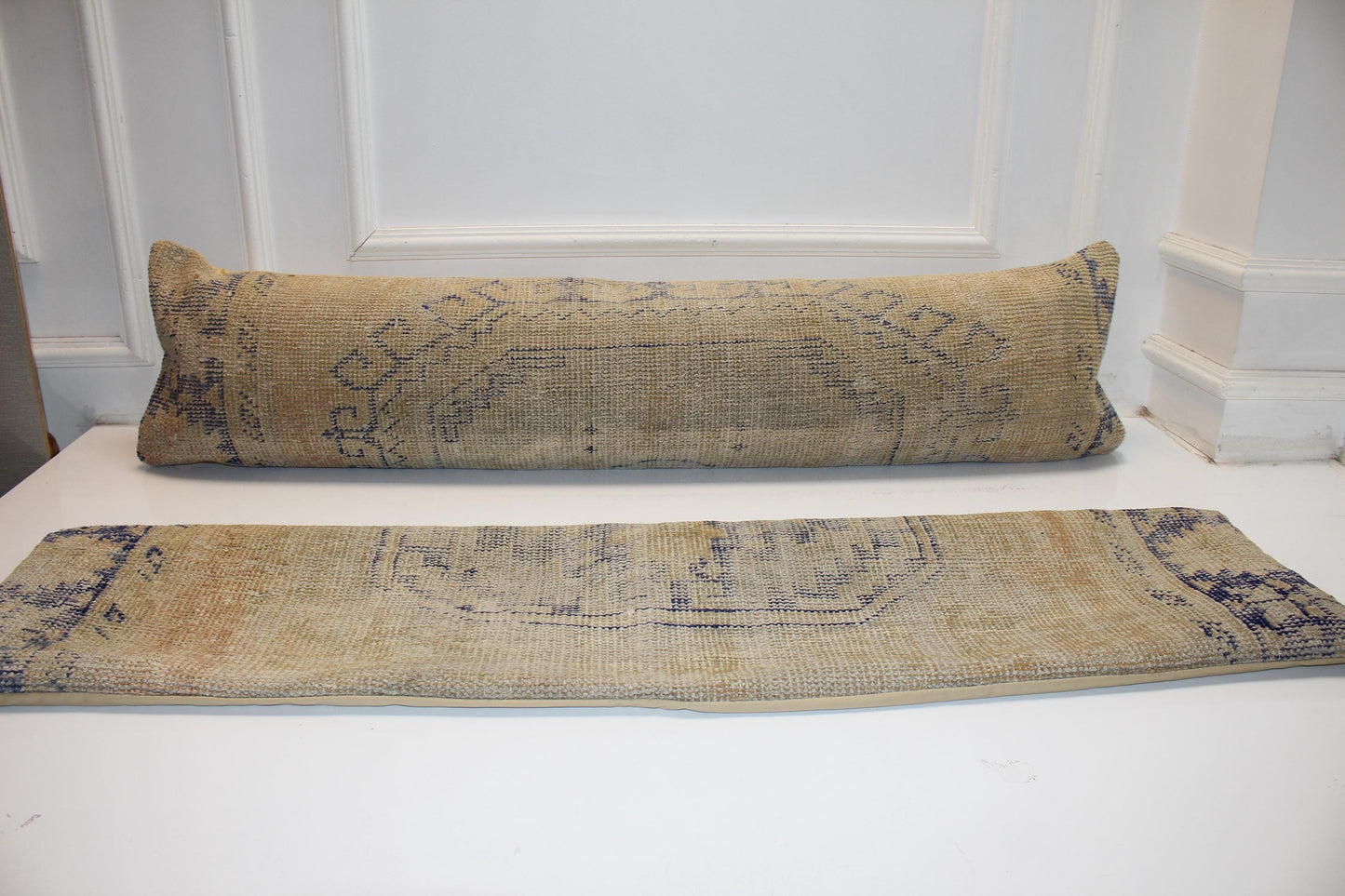 Set of 2 Vintage Turkish Kilim Lumbar Pillows, Beige Neutral Rug Cushions, 12x48 Inch