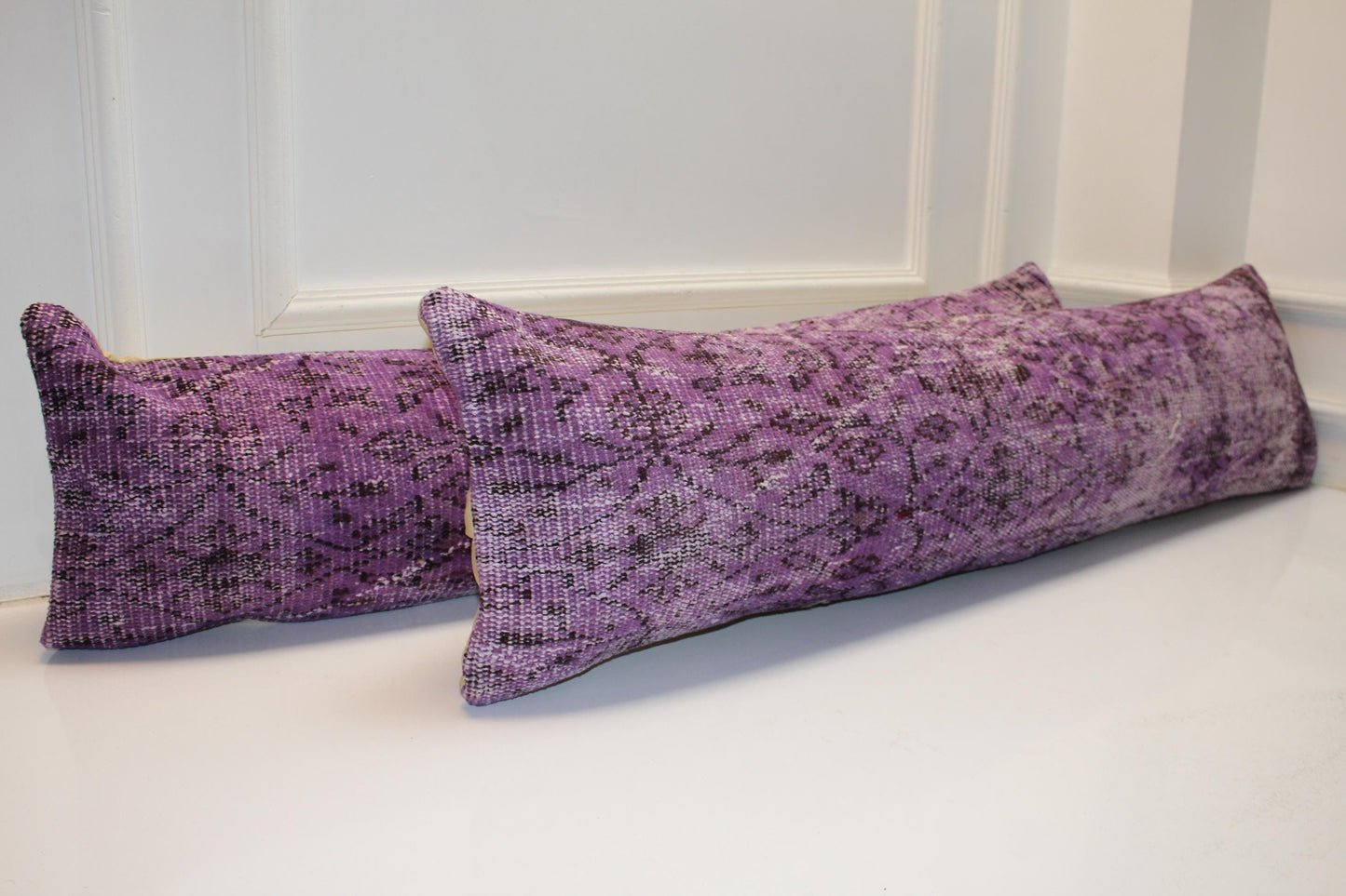 Set of 2 Purple Kilim Lumbar Pillow Covers, Vintage Turkish Rug