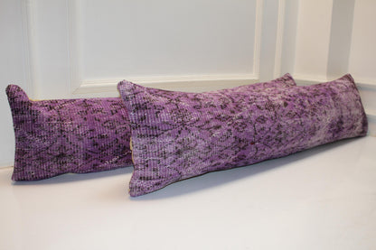 Set of 2 Purple Kilim Lumbar Pillow Covers, Vintage Turkish Rug