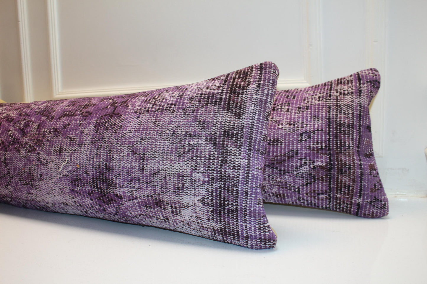 Set of 2 Purple Kilim Lumbar Pillow Covers, Vintage Turkish Rug