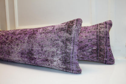 Set of 2 Purple Kilim Lumbar Pillow Covers, Vintage Turkish Rug