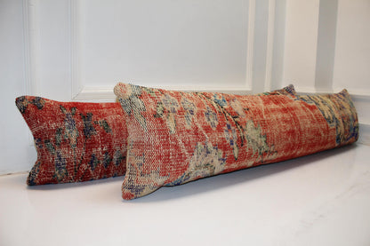 Set of 2 Long Kilim Pillow Covers, Red Anatolian Bench Cushions, 12x48 Inch