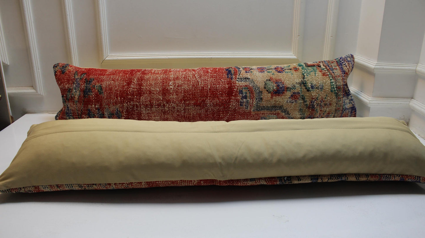 Set of 2 Long Kilim Pillow Covers, Red Anatolian Bench Cushions, 12x48 Inch