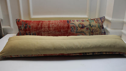Set of 2 Long Kilim Pillow Covers, Red Anatolian Bench Cushions, 12x48 Inch