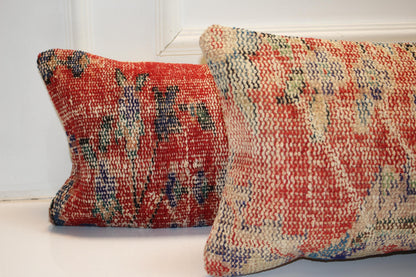 Set of 2 Long Kilim Pillow Covers, Red Anatolian Bench Cushions, 12x48 Inch