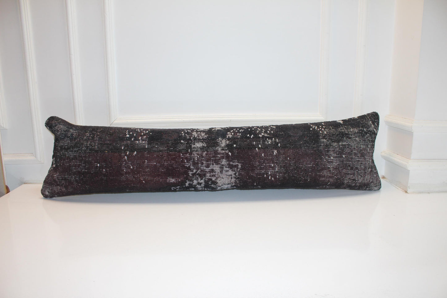 Dark Brown Turkish Kilim Lumbar Pillow Cover, Rustic Bench Cushion 12x48