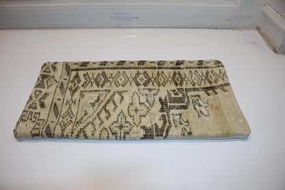 Vintage Turkish Rug Bench Lumbar 12x24 – Neutral Monochrome Anatolian Textile Cushion