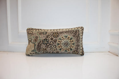 Handmade Kilim Pillow Cover – Faded Aqua Floral Anatolian Wool Cushion 12x24