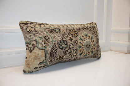 Handmade Kilim Pillow Cover – Faded Aqua Floral Anatolian Wool Cushion 12x24