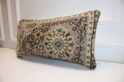 Handmade Kilim Pillow Cover – Faded Aqua Floral Anatolian Wool Cushion 12x24