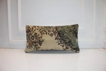 Turkish Rug Bench Lumbar 12x24 – Botanical Sage Floral Anatolian Cushion Cover for Romantic