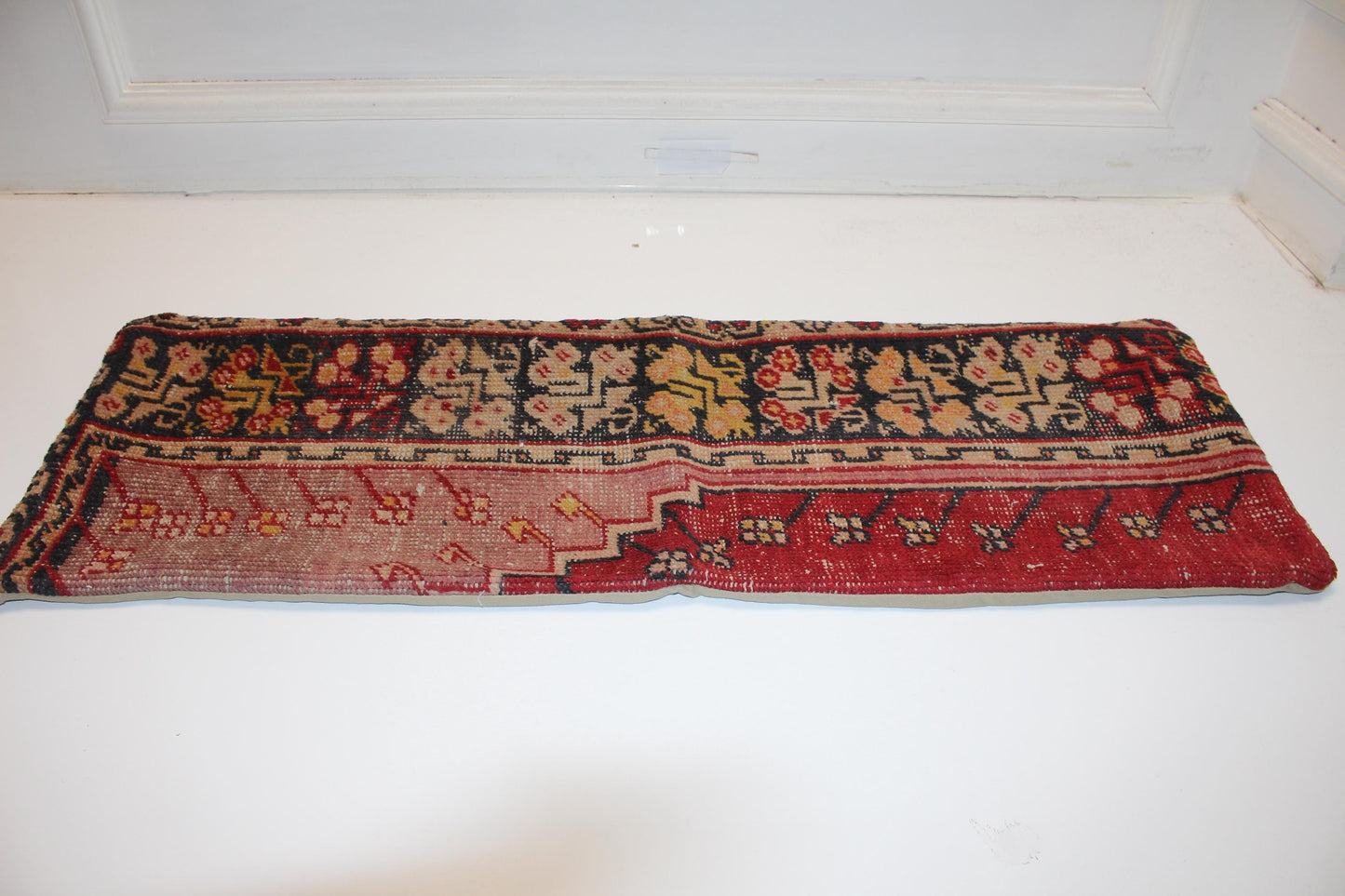 Upcycled Kilim Lumbar Pillow Cover – Deep Red Boho Bench Accent 12x36 Inch