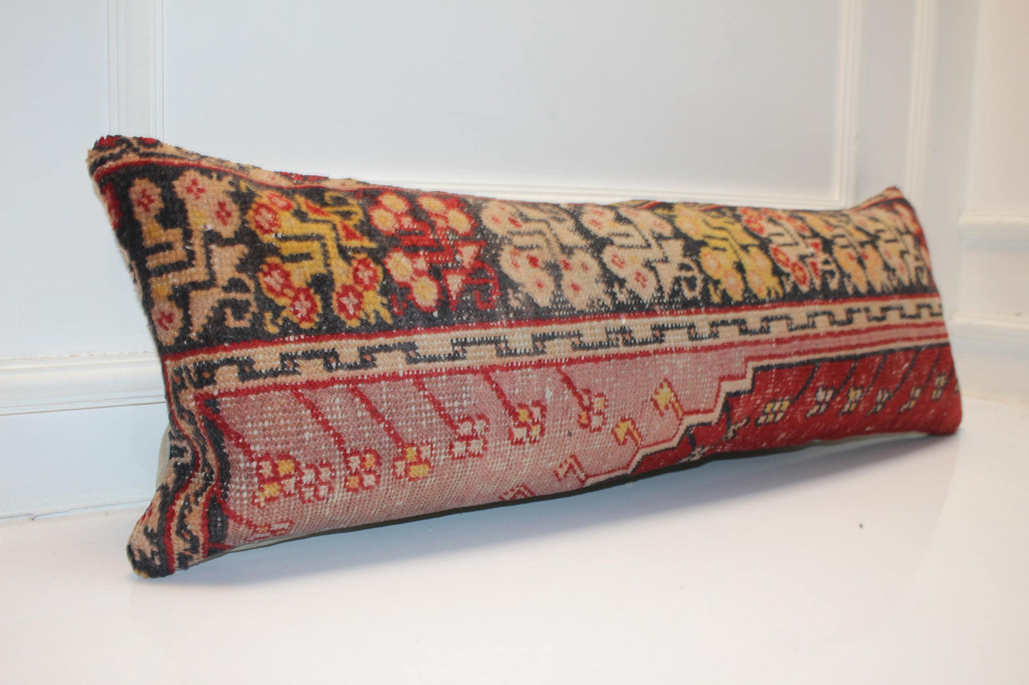 Upcycled Kilim Lumbar Pillow Cover – Deep Red Boho Bench Accent 12x36 Inch