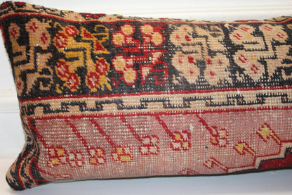 Upcycled Kilim Lumbar Pillow Cover – Deep Red Boho Bench Accent 12x36 Inch