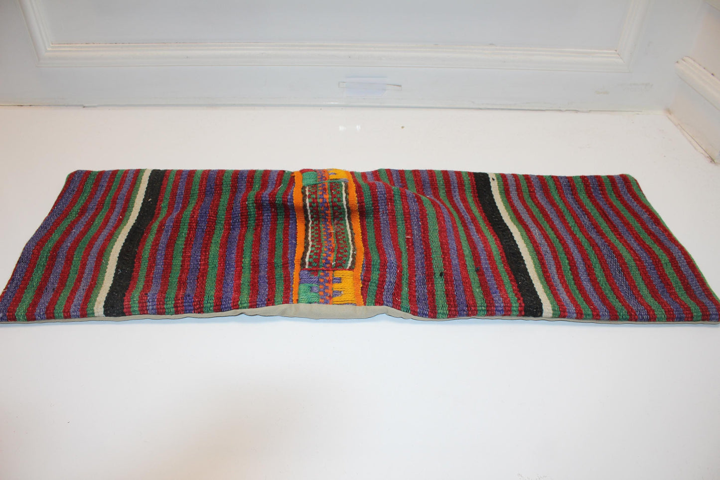 Handmade Kilim Lumbar Pillow Cover: Upcycled Turkish Rug, Bold Stripes 12x36 Inch