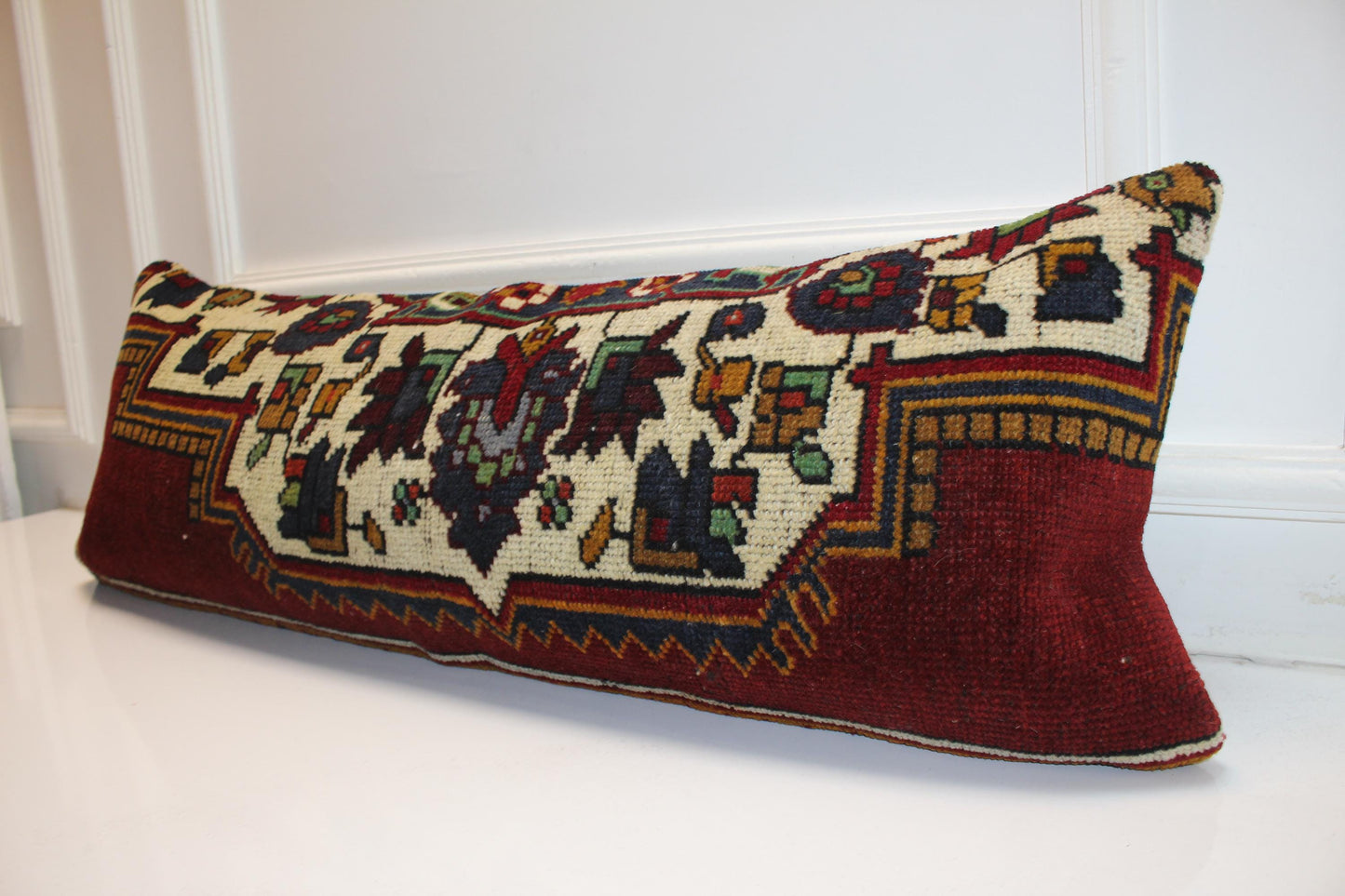 Vintage Turkish Rug Bench Pillow 12x36 Inch Deep Burgundy Anatolian Motif Lumbar Cushion