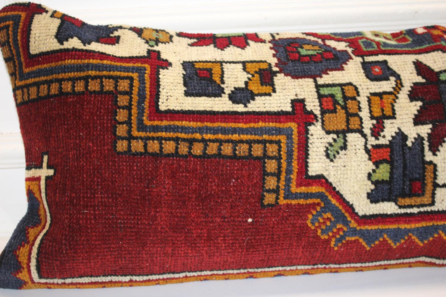 Vintage Turkish Rug Bench Pillow 12x36 Inch Deep Burgundy Anatolian Motif Lumbar Cushion