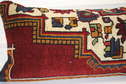 Vintage Turkish Rug Bench Pillow 12x36 Inch Deep Burgundy Anatolian Motif Lumbar Cushion
