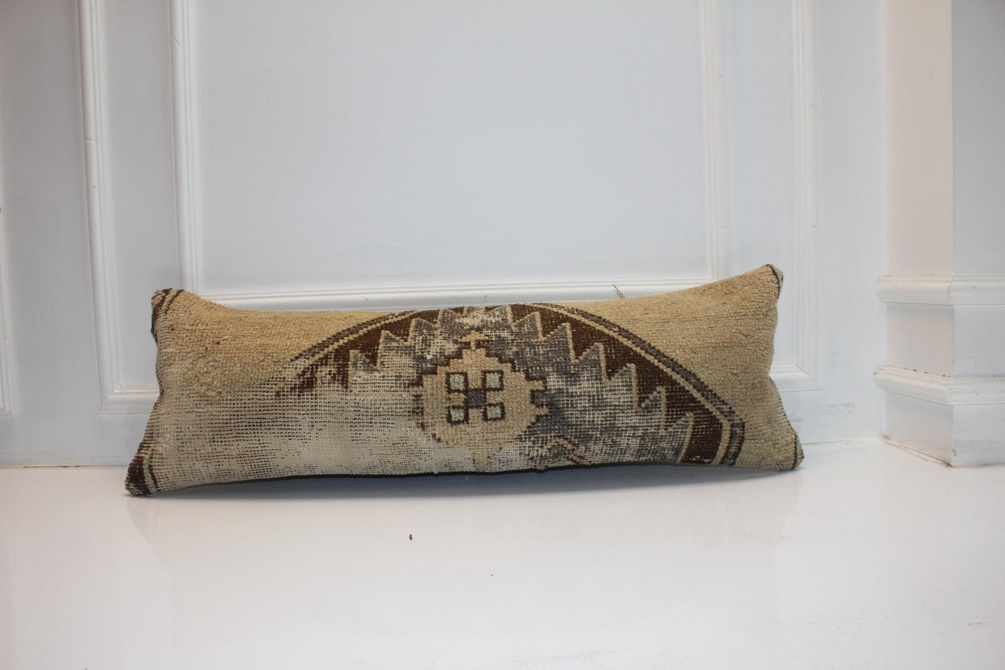 Vintage Turkish Rug Bench Pillow 12x36 Inch Sand Beige Anatolian Motif Lumbar Cushion