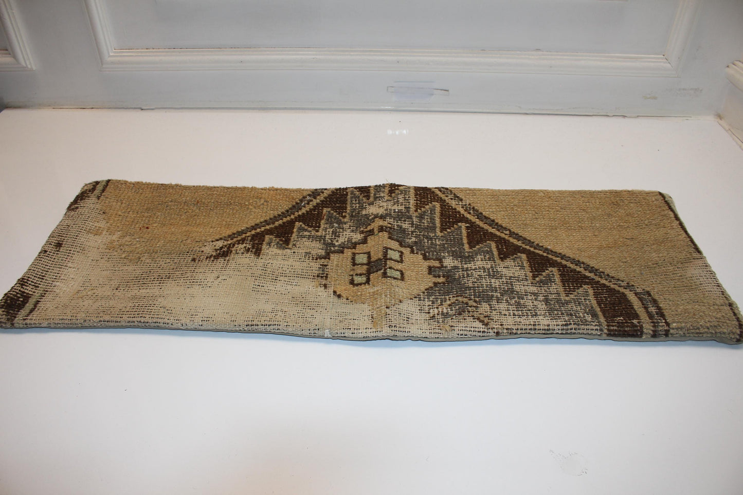 Vintage Turkish Rug Bench Pillow 12x36 Inch Sand Beige Anatolian Motif Lumbar Cushion