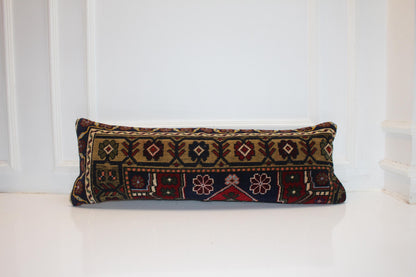 Vintage Turkish Rug Bench Pillow 12x36 Inch Deep Navy & Olive Anatolian Floral Lumbar Cushion