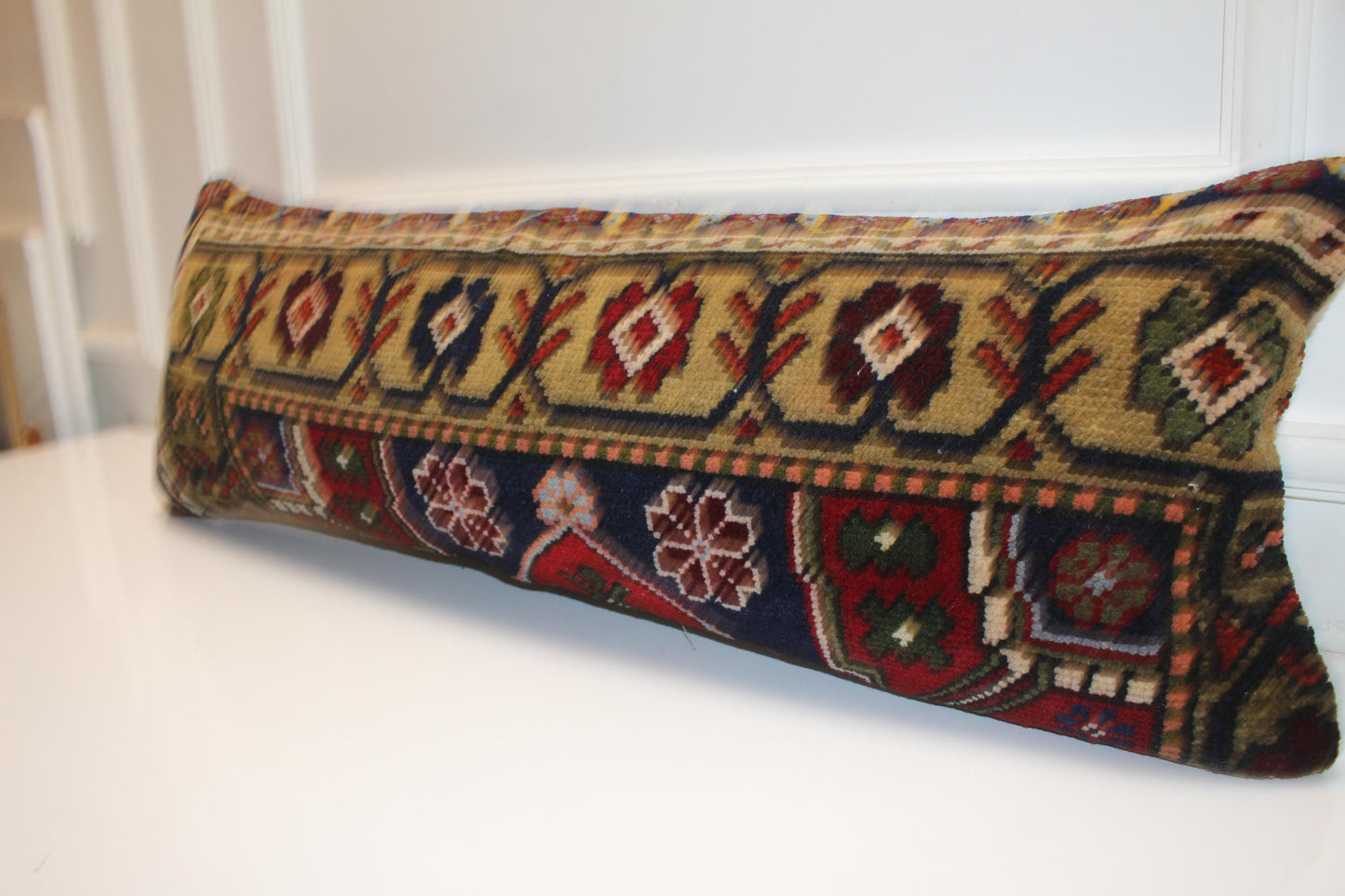 Vintage Turkish Rug Bench Pillow 12x36 Inch Deep Navy & Olive Anatolian Floral Lumbar Cushion