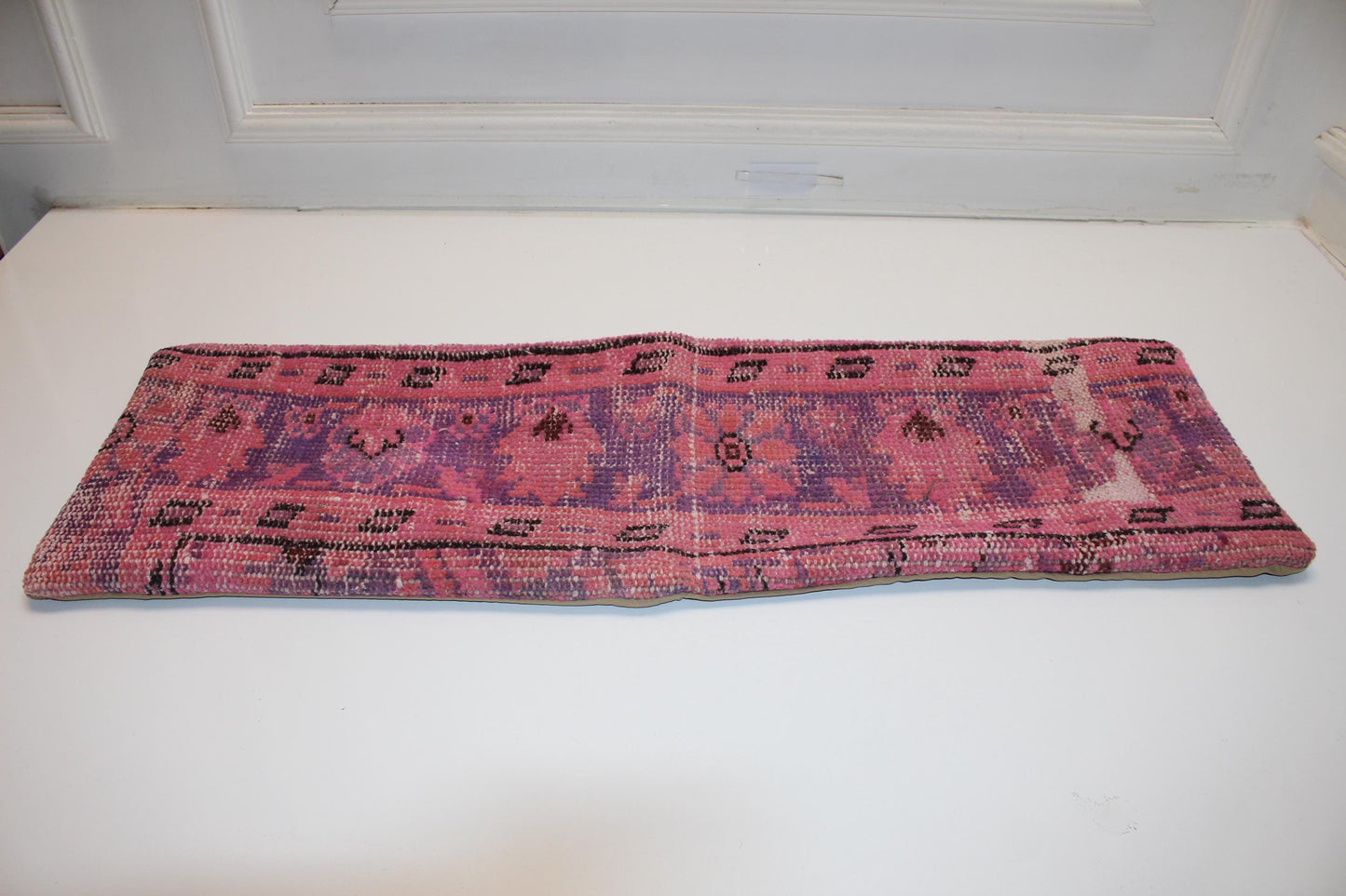 Turkish Rug Bench Pillow 12x36 Inch Vibrant Pink Anatolian Lumbar Cushion for Eclectic Designer