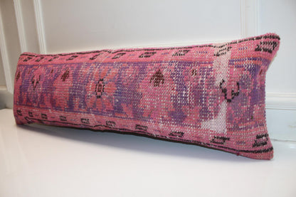 Turkish Rug Bench Pillow 12x36 Inch Vibrant Pink Anatolian Lumbar Cushion for Eclectic Designer