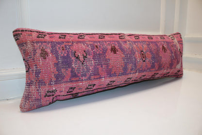 Turkish Rug Bench Pillow 12x36 Inch Vibrant Pink Anatolian Lumbar Cushion for Eclectic Designer