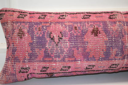 Turkish Rug Bench Pillow 12x36 Inch Vibrant Pink Anatolian Lumbar Cushion for Eclectic Designer