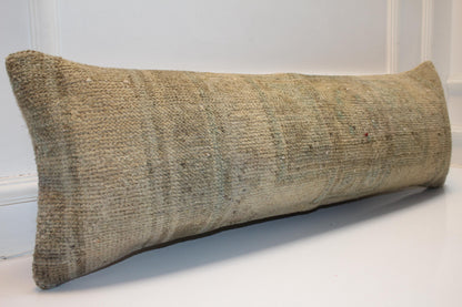 Handmade Kilim Lumbar Pillow Cover: Upcycled Woven Rug, 12x36 Inch Beige Cushion