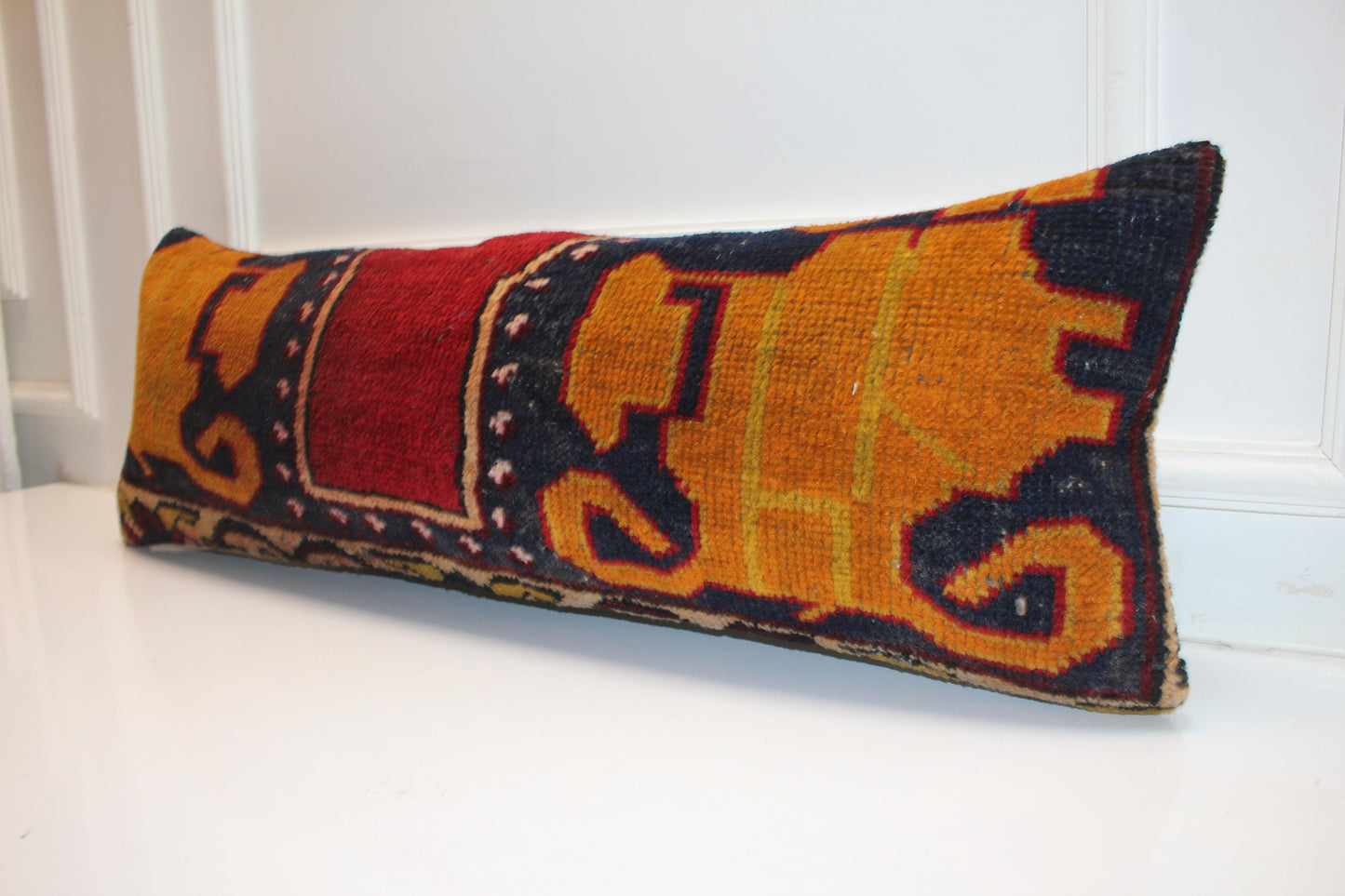 Handmade Kilim Pillow Cover 12x36 Inch, Upcycled Wool Rug, Lion Motif Lumbar Cushion