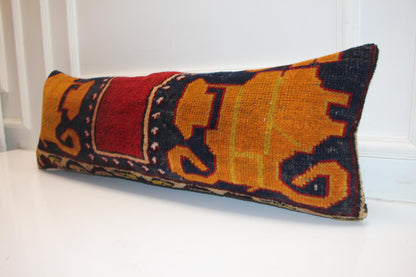Handmade Kilim Pillow Cover 12x36 Inch, Upcycled Wool Rug, Lion Motif Lumbar Cushion