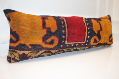 Handmade Kilim Pillow Cover 12x36 Inch, Upcycled Wool Rug, Lion Motif Lumbar Cushion