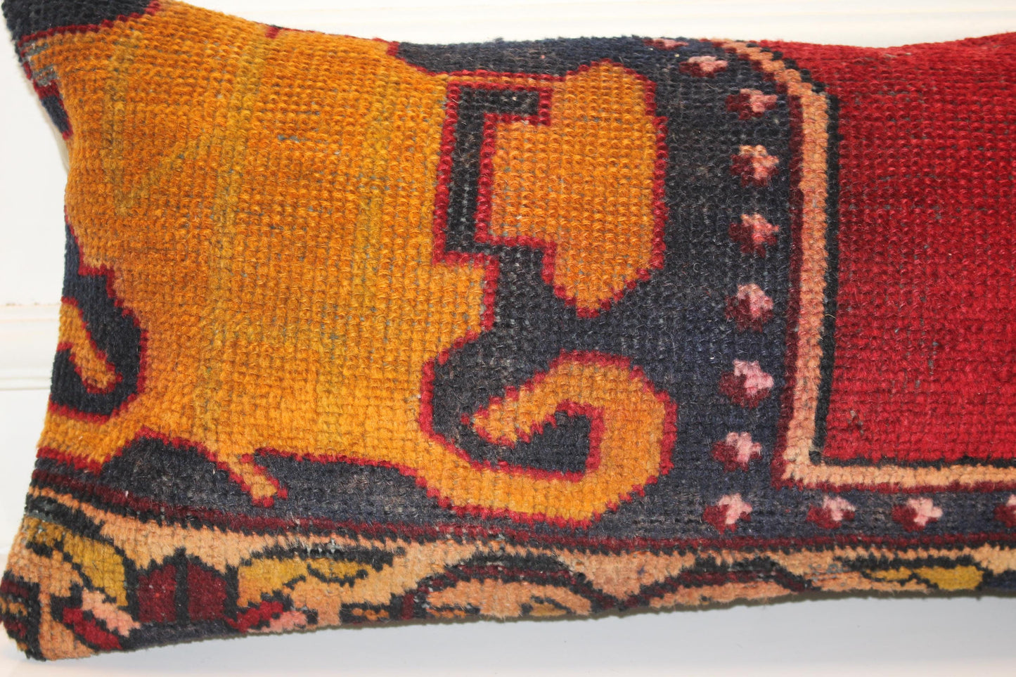 Handmade Kilim Pillow Cover 12x36 Inch, Upcycled Wool Rug, Lion Motif Lumbar Cushion