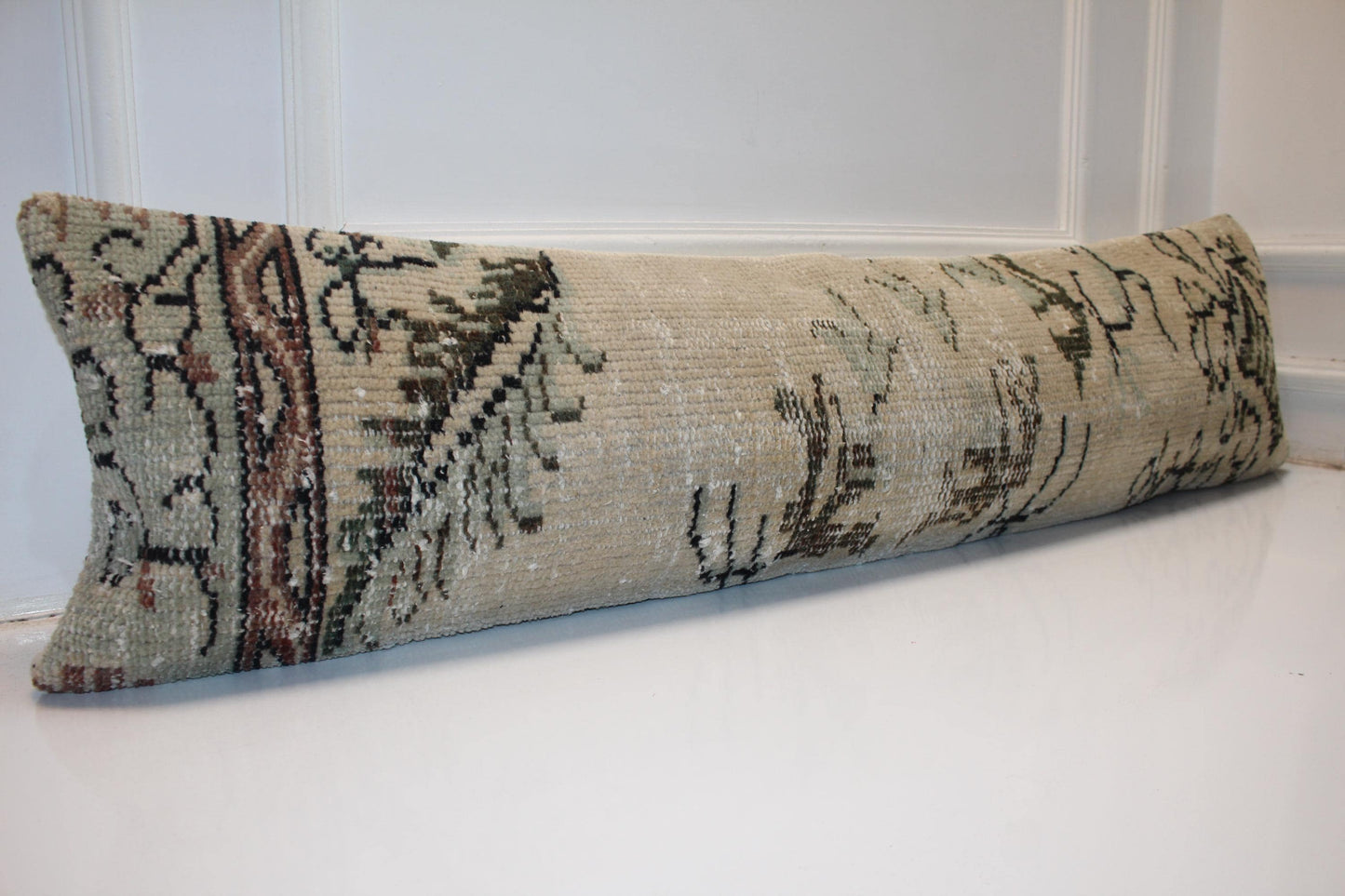 12x48 Inch Faded Ivory Garden Motif Long Lumbar Cushion for Refined Statement Interiors