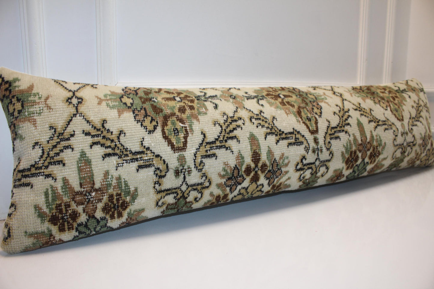 Turkish Rug Bench Pillow 12x48 Inch Ivory & Sage Botanical Lumbar Cushion for Elegant Classic