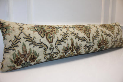 Turkish Rug Bench Pillow 12x48 Inch Ivory & Sage Botanical Lumbar Cushion for Elegant Classic