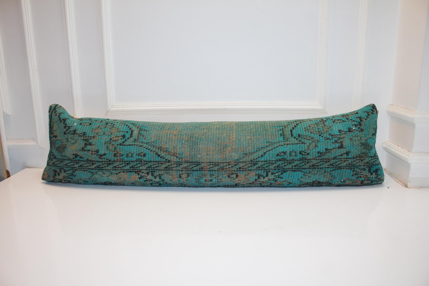 Turkish Rug Bench Pillow 12x48 Inch Aqua Patina Lumbar Cushion for Coastal Inspired Designer
