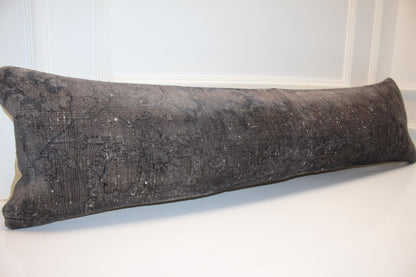 Turkish Rug Bench Pillow 12x48 Inch Charcoal Washed Long Lumbar Cushion for Modern Minimal