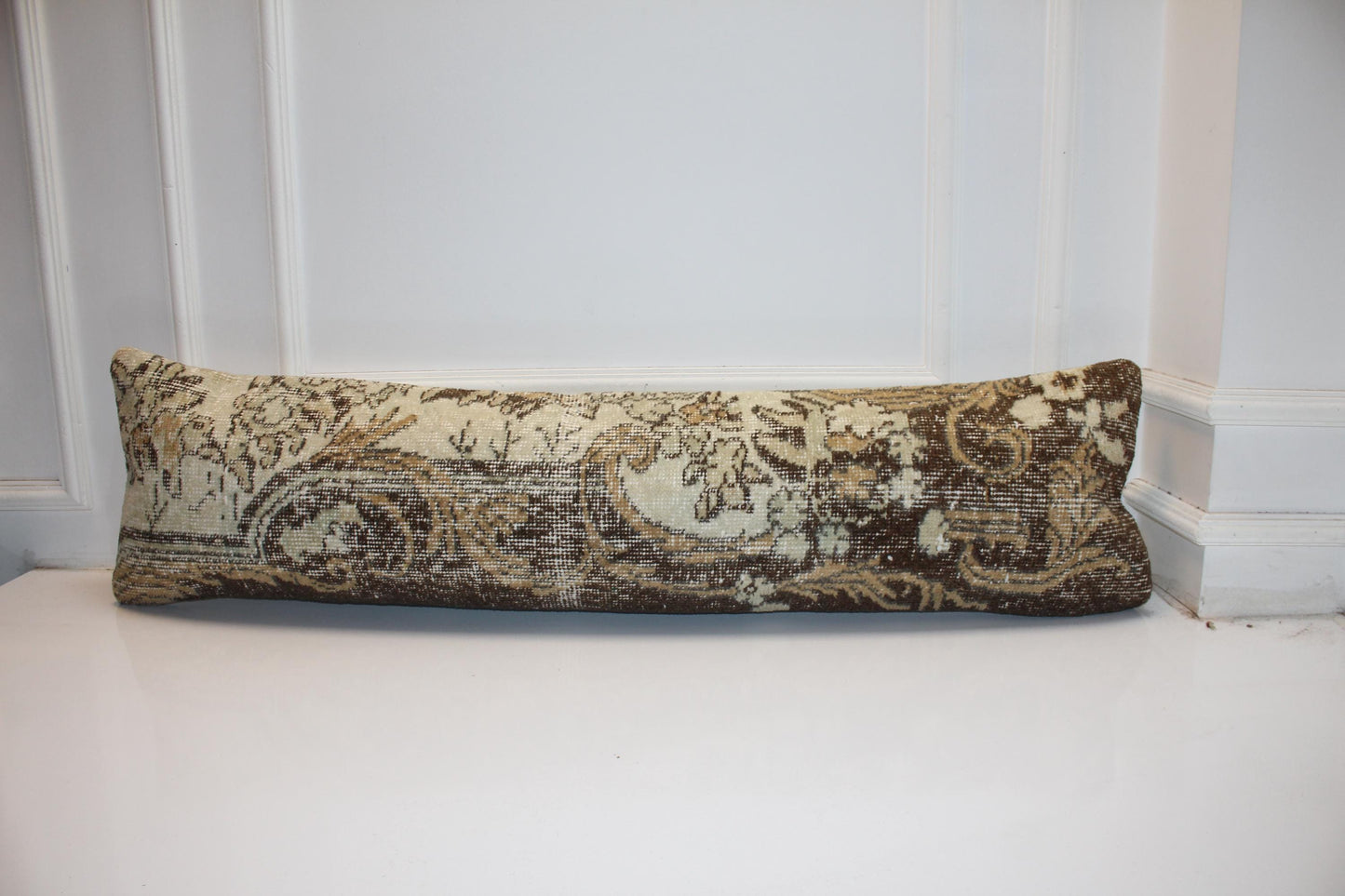 Turkish Rug Bench Pillow 12x48 Inch Espresso Brown & Cream Ornate Long Lumbar Cushion
