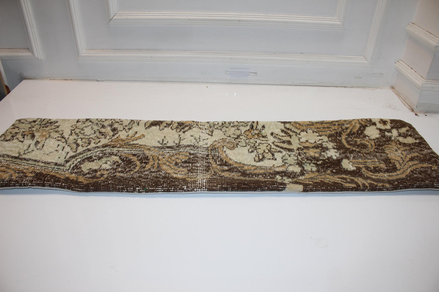 Turkish Rug Bench Pillow 12x48 Inch Espresso Brown & Cream Ornate Long Lumbar Cushion