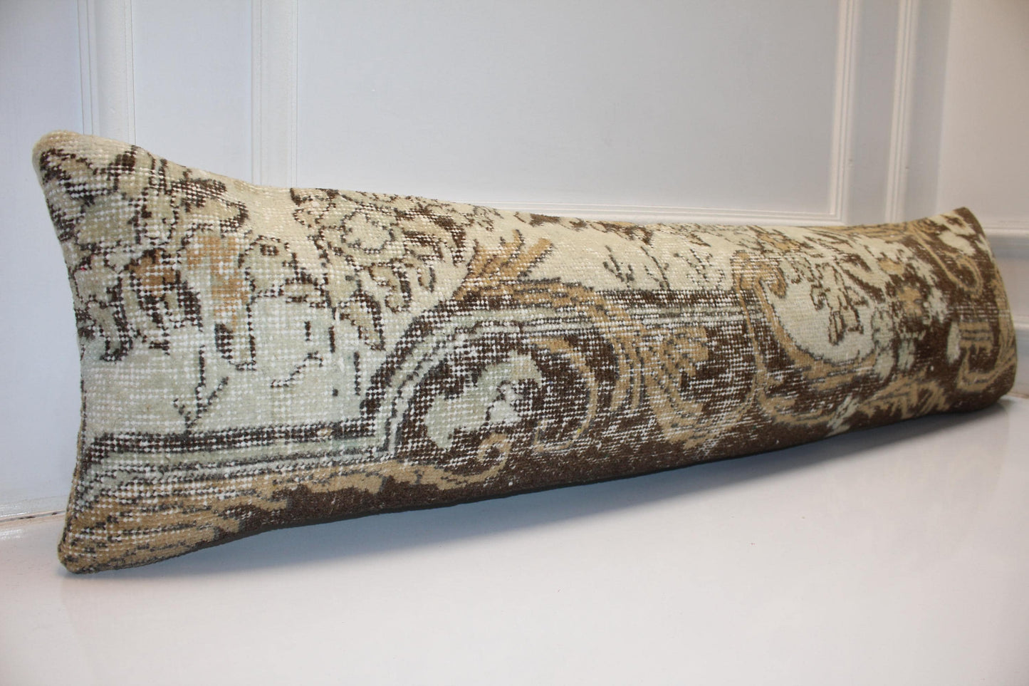 Turkish Rug Bench Pillow 12x48 Inch Espresso Brown & Cream Ornate Long Lumbar Cushion