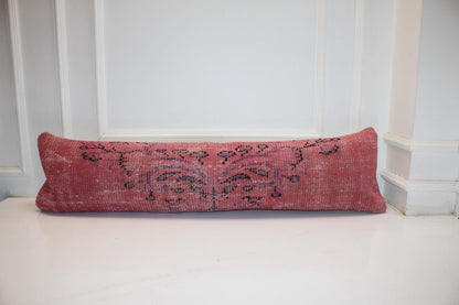 Handmade Turkish Kilim Bench Pillow: Dusty Rose Boho Lumbar Cushion 12x48 Inch