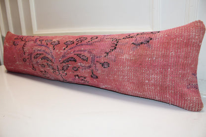Handmade Turkish Kilim Bench Pillow: Dusty Rose Boho Lumbar Cushion 12x48 Inch